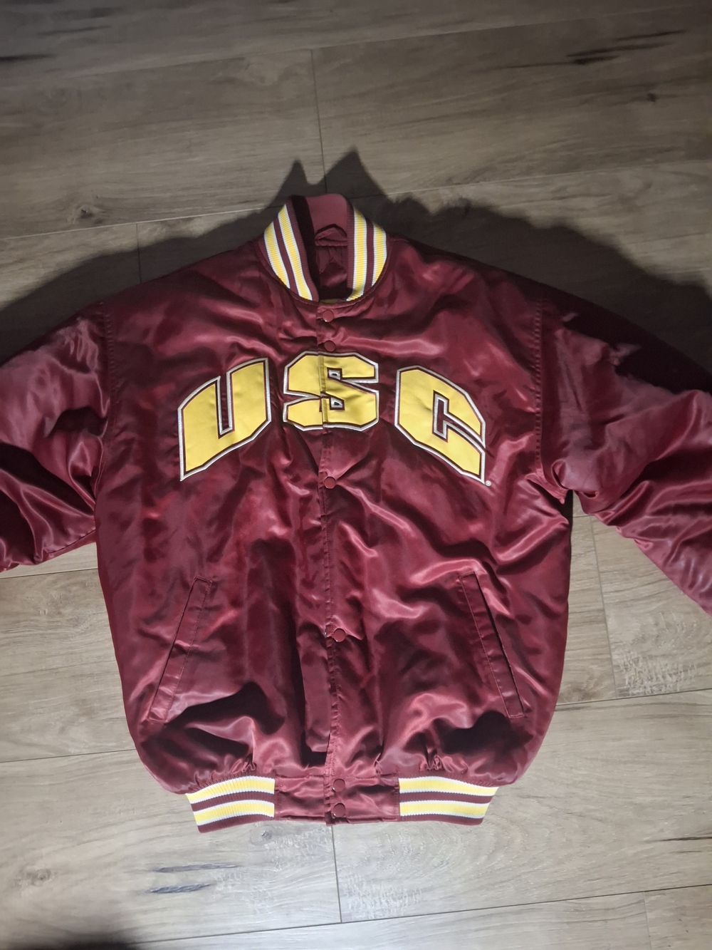 Colosseum Maroon Satin Bomber Jacket with Yellow USC Appliqué